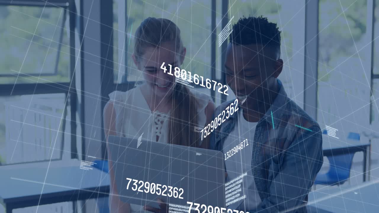 Interns sitting at office desk, analyzing cybersecurity data with network lines and numeric streams