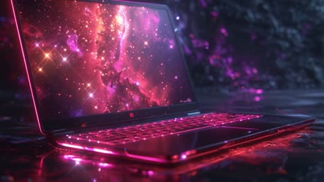 futuristic laptop with cosmic nebula display