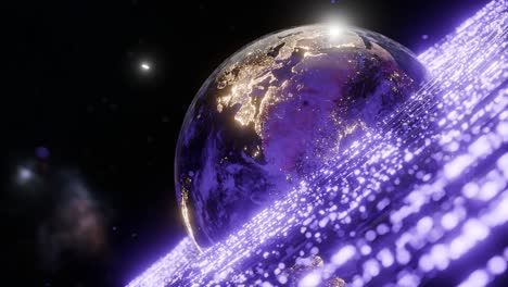 earth showing illuminated africa and purple particles in outer space. visible countries include, saudi arabia, india. 3d rendering with night lights and energy wave. futuristic technology global