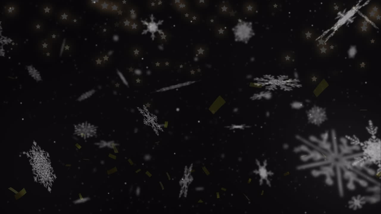 Animasjon av konfetti og snøflak over svart bakgrunn.