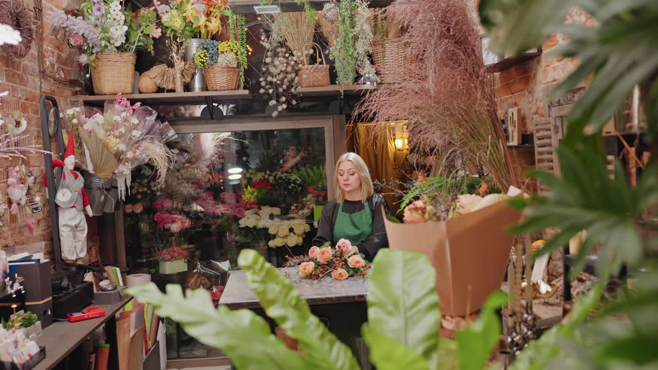 植物やドライハンギングに囲まれた店内で、白人フローリストがブーケをアレンジしている。豊かなディスプレイ、素朴なレンガの壁、そして居心地の良い照明が広がる。カウンターでは店主が季節のアレンジメントを作りながら客に挨拶している。