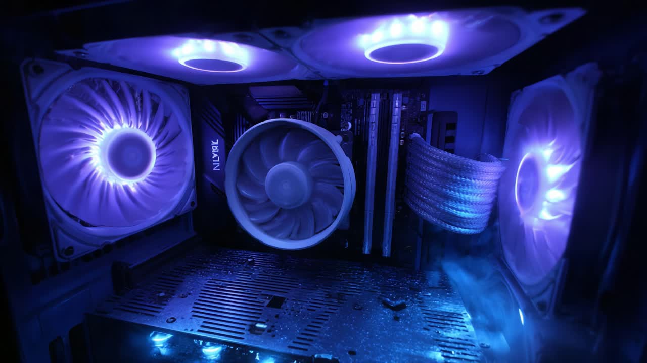 Close-Up Shots of a High-Performance Computer Case Featuring Blue LED Lightning and Advanced Cooling Fans, Showcasing Modern Technology and Aesthetic Design