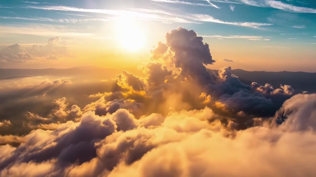 Un video aereo cattura uno splendido tramonto sopra nuvole soffici, creando una vista serena e maestosa