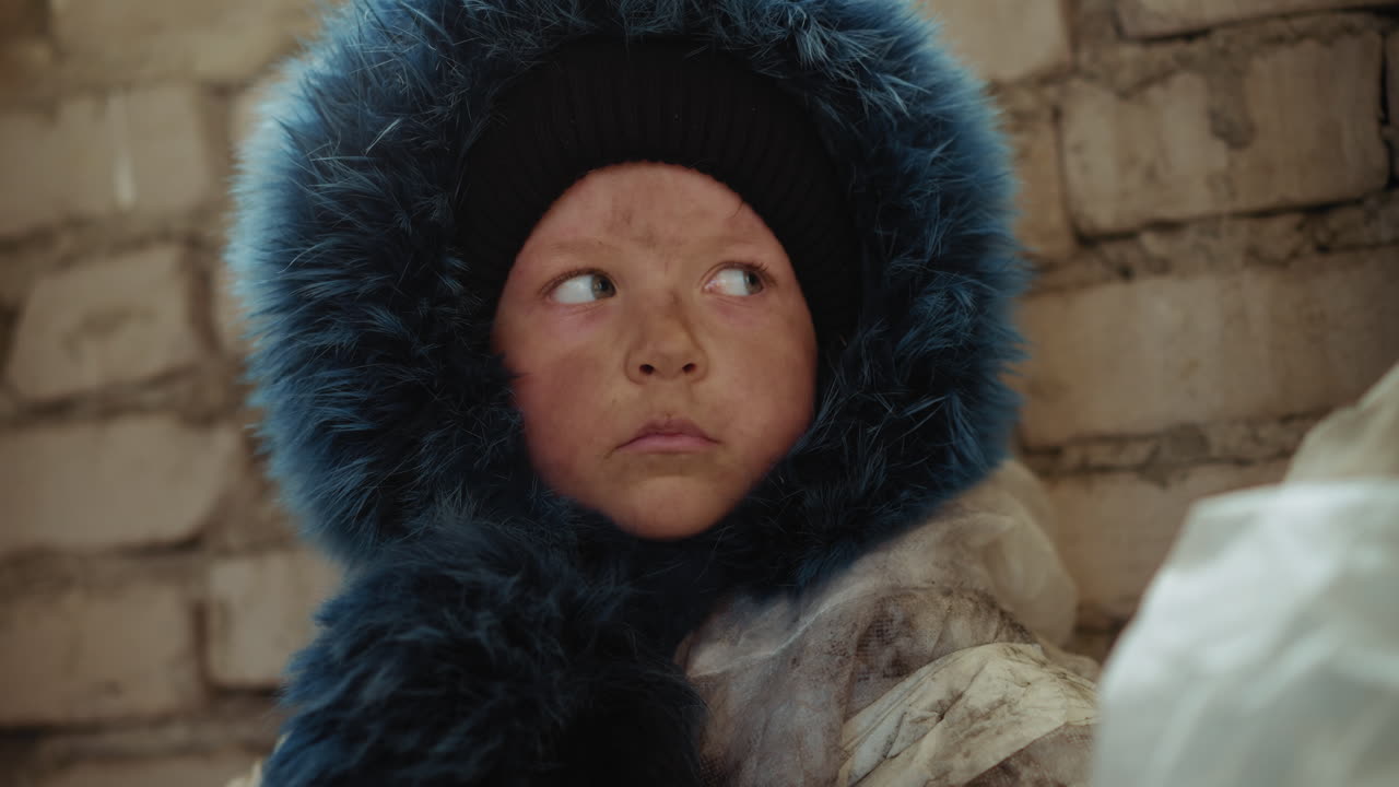 Dirty faced refugee boy in thick worn coat and large fluffy blue hood glances sideways with suspicion while sitting against rough brick wall indoors under cold natural light