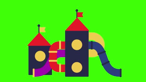 2d animated illustration of a colorful toy castle on a green screen