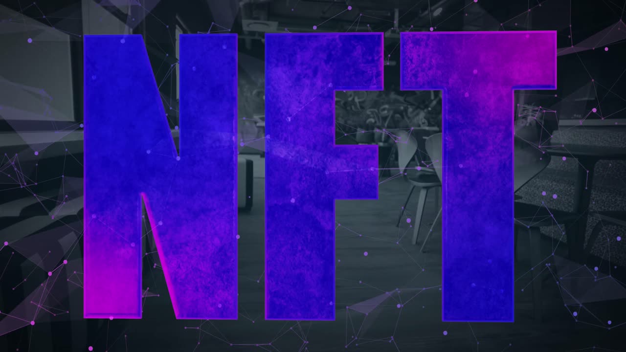 animación de texto nft y procesamiento de datos en la oficina.