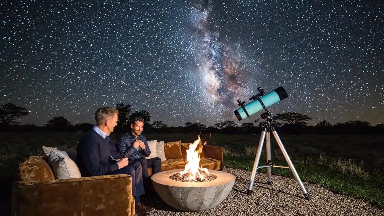 Observadores de estrellas admirando el cielo galáctico: Dos amigos exploran la Vía Láctea mientras acampan bajo estrellas brillantes con un telescopio montado para observación