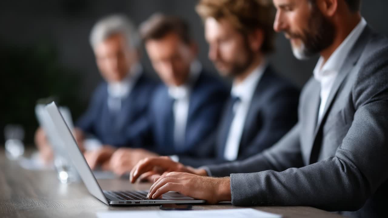 A Group of Professionals Collaborating during a Meeting, Engaged in Productive Work with Laptops and Focused Attentiveness to Achieve Their Goals Effectively
