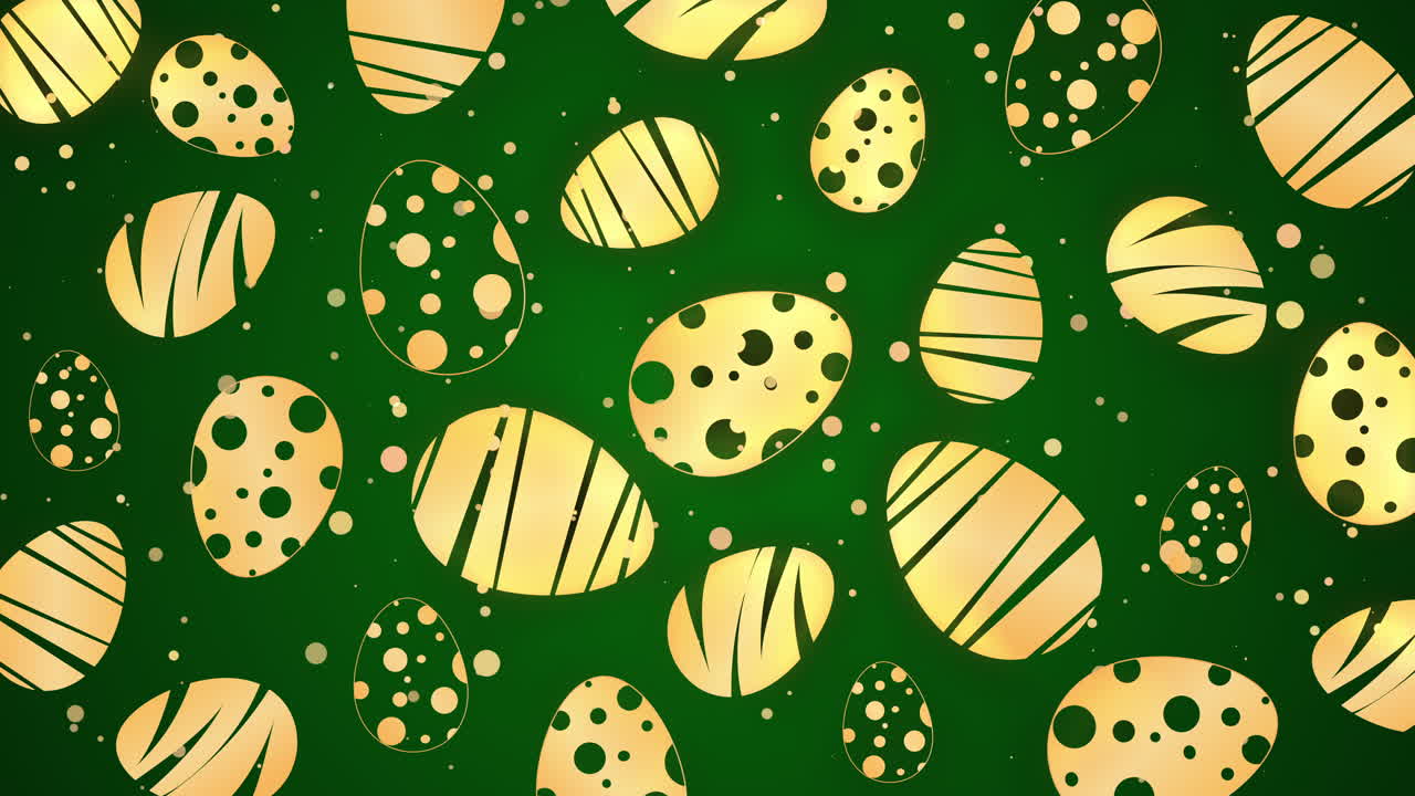 Golden Easter eggs with patterns on green background. Looped spring animation screensaver.