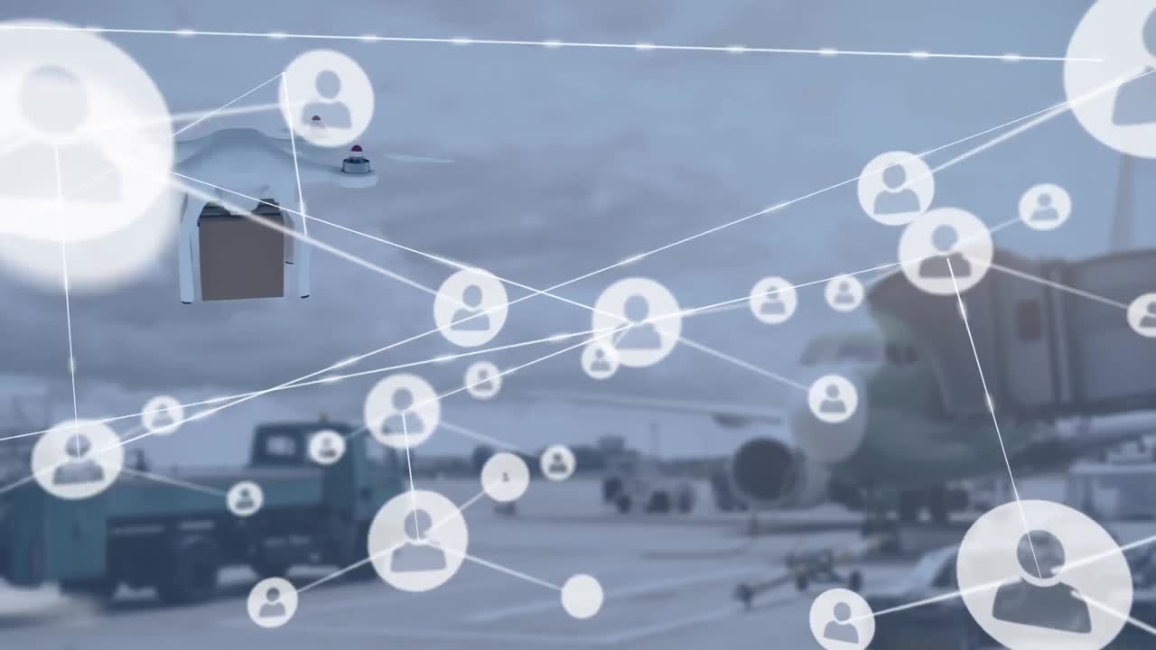 패키지를 운반하는 드론을 통해 아이콘으로 연결된 네트워크의 애니메이션