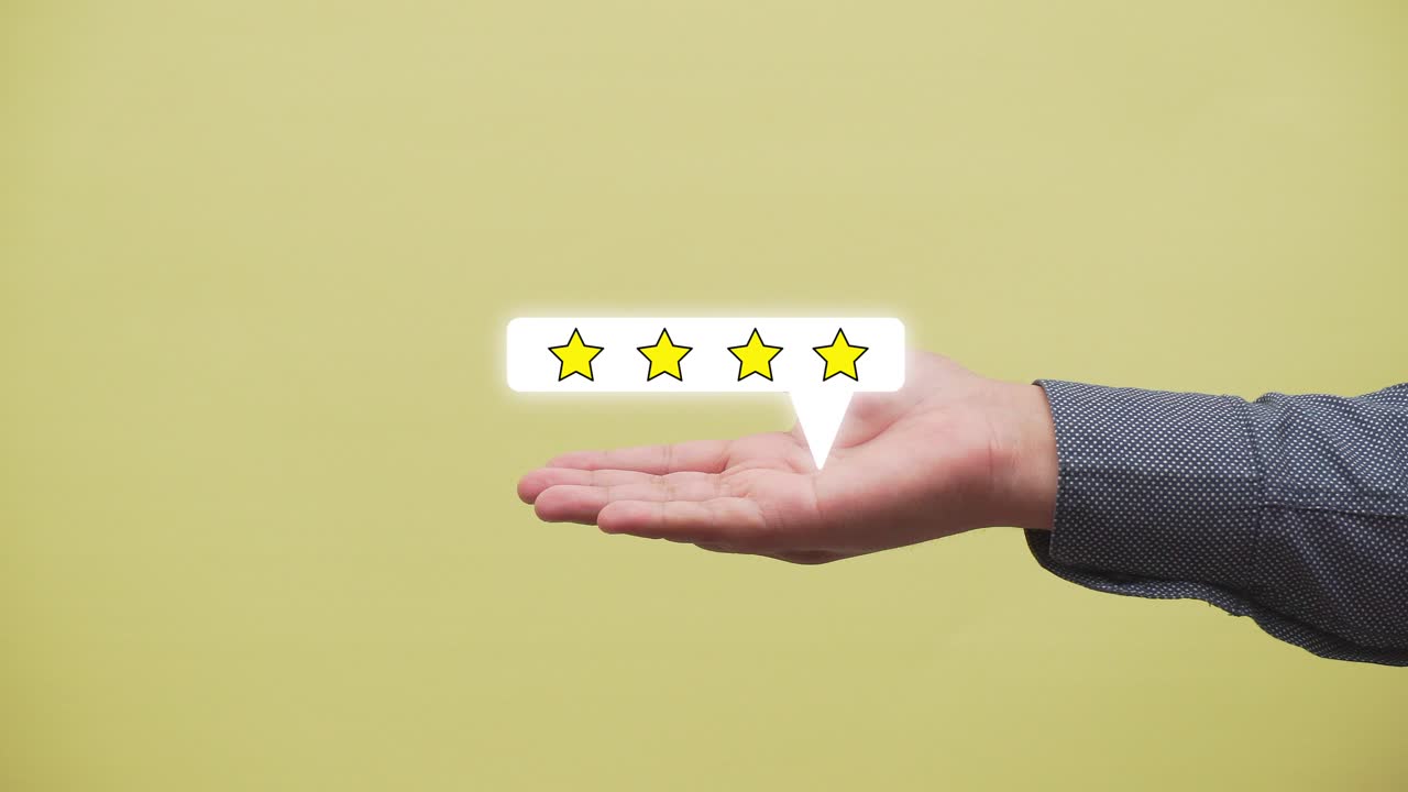 concept of satisfaction. business man shows 4 star on yellow background. review, rating