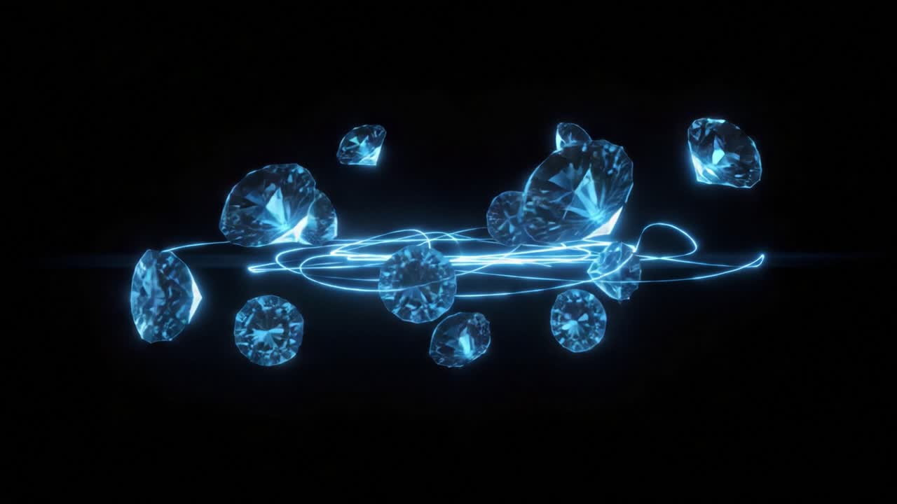 A Mesmerizing Display of Floating Blue Diamonds Surrounded by Spiraling Light Effects in a Dark Background