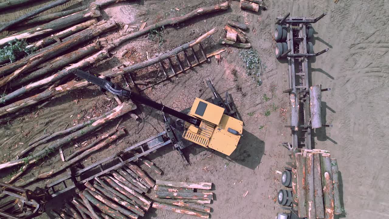 полет беспилотника над машиной, работающей в деревообрабатывающей промышленности, птичий глаз