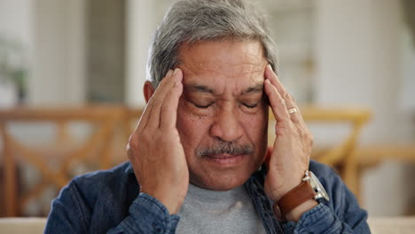 senior man, stress and headache in home