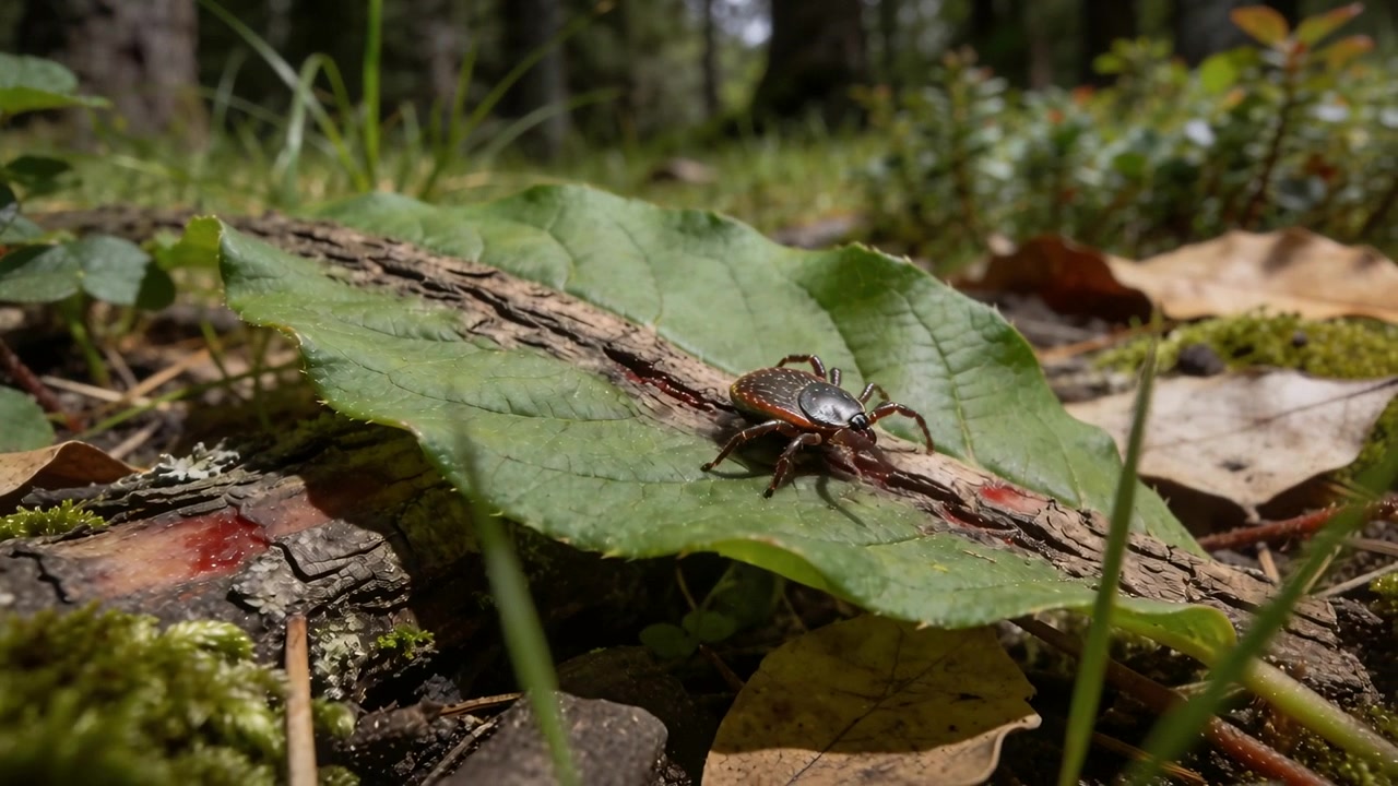 Piccolo aracnide simile a una zecca che si muove dopo essersi riposato, strisciando lungo la nervatura centrale di una foglia verde sul suolo della foresta.