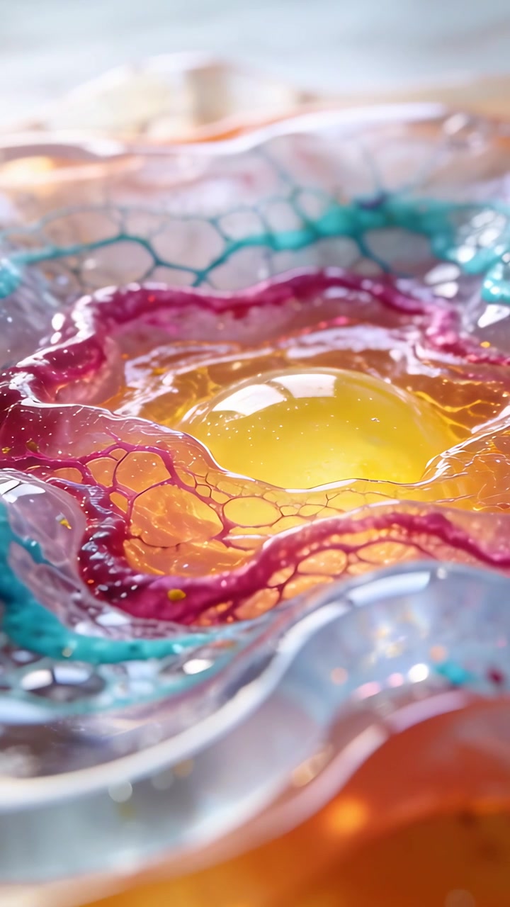 Vertical video: Zooming camera showing gel on table, with yellow core magenta teal mesh for detail