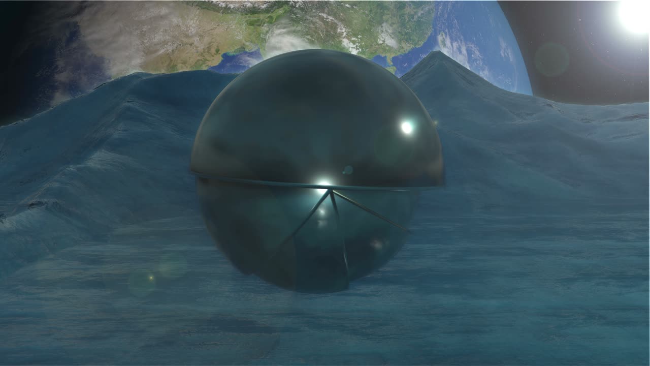 달 표면에 있는 미래의 로, 외계인 기술의 개념, 배경에 있는 지구 행성.