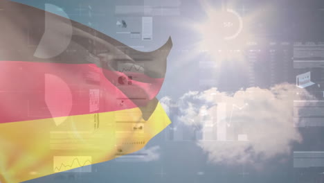 Animación-De-La-Bandera-De-Alemania-Sobre-El-Cielo-Azul-Y-Datos-De-Procesamiento-De-Gráficos.