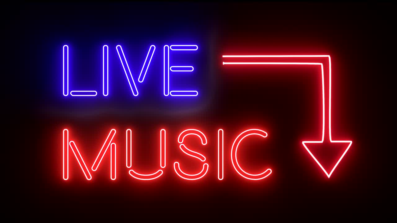 Livemusik, neonskilt, lys, logo, tekst, glødende, flerfarvet, 4K
