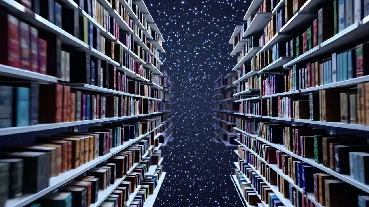 Endless library shelves in space