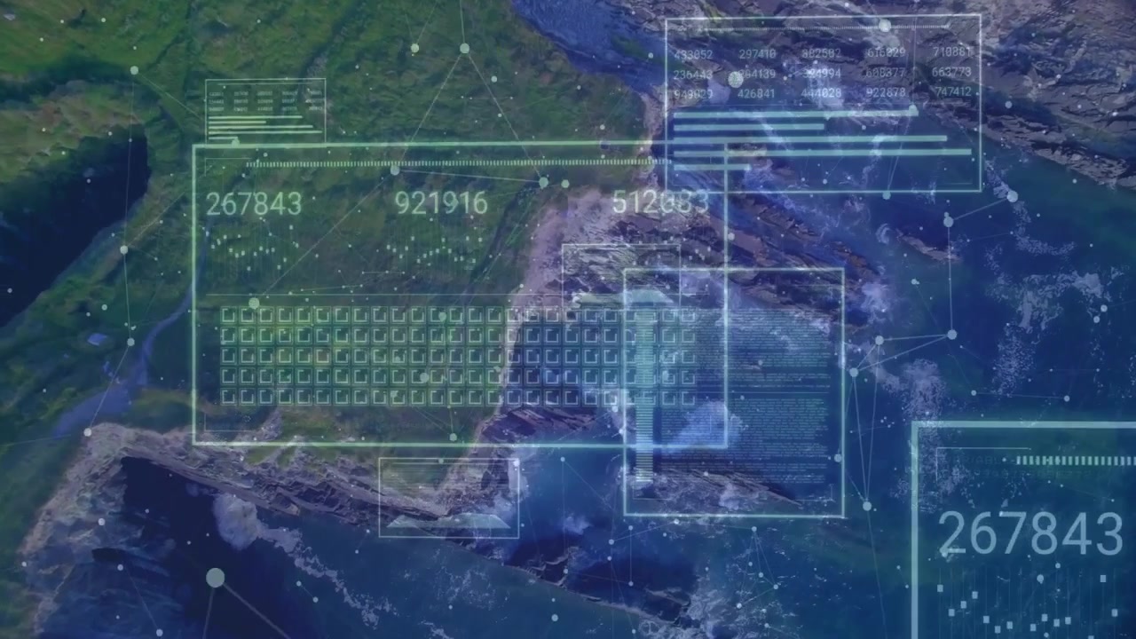 Aerial View of Coastal Landscape with Digital Data Overlay