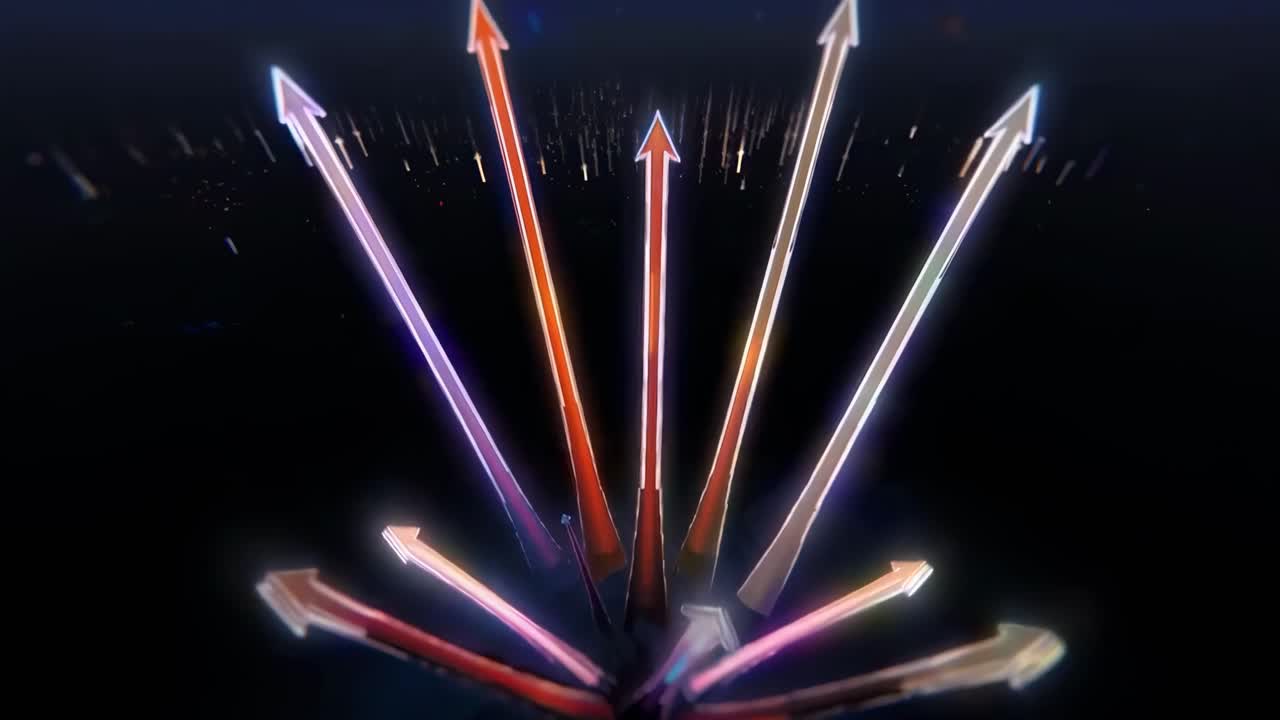 Dynamic video of colorful arrows pointing upward, captured from a low-angle perspective
