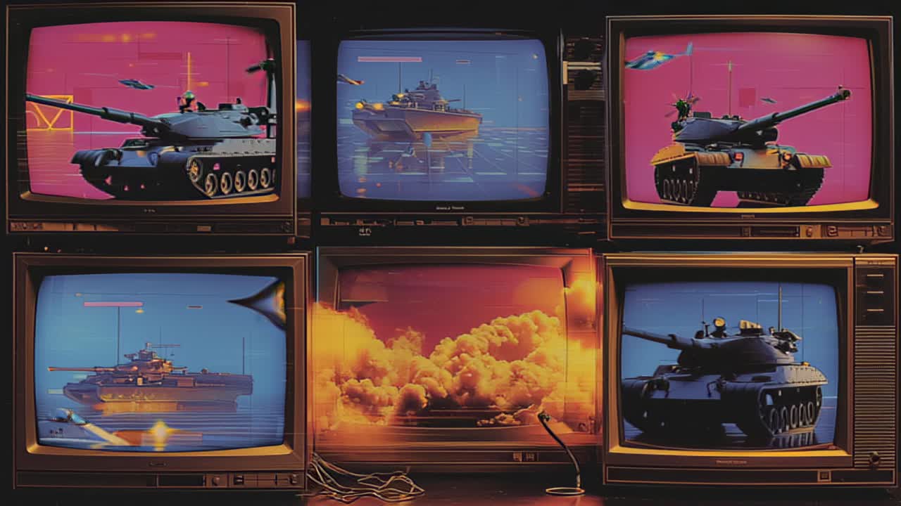 Retro CRT television wall displays modern warfare footage with tanks firing, naval ships at sea and a large explosion, evoking media propaganda, conflict and crisis