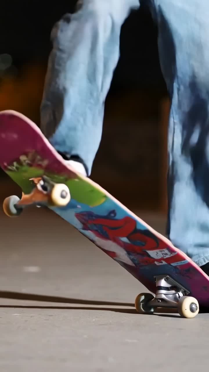 Close Up of Skateboarder Performing a Trick at Night