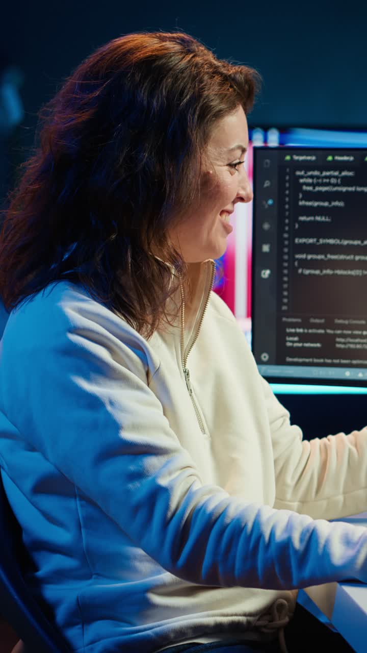 Vertical video Happy admin in home office satisfied after preventing system failures