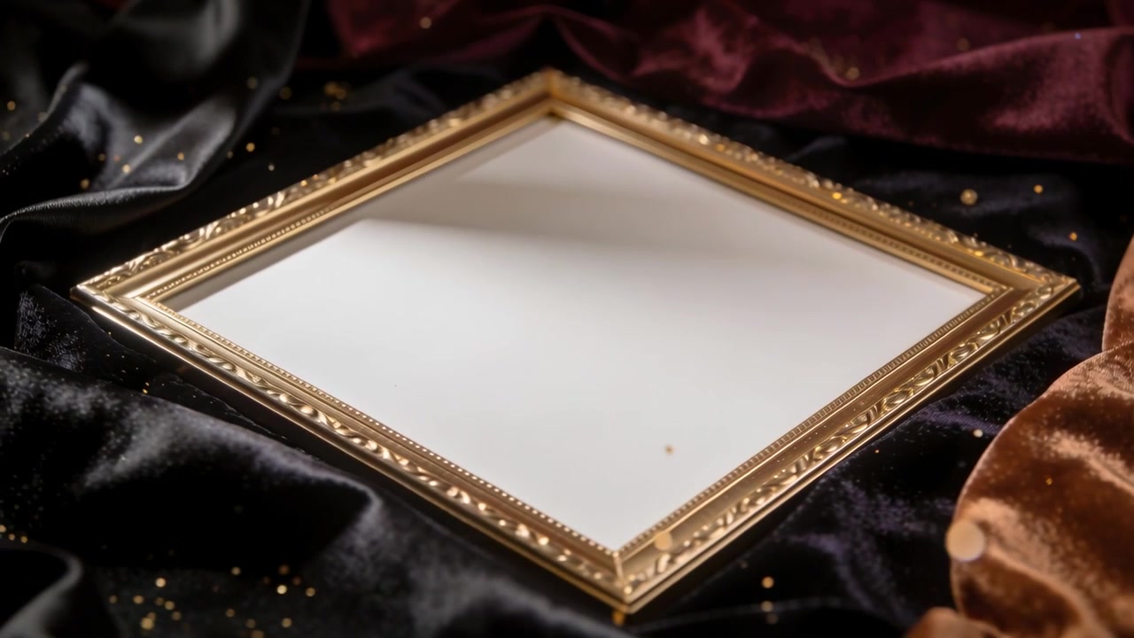 Panning camera revealing ornate gold frame on velvet and scattered gold confetti