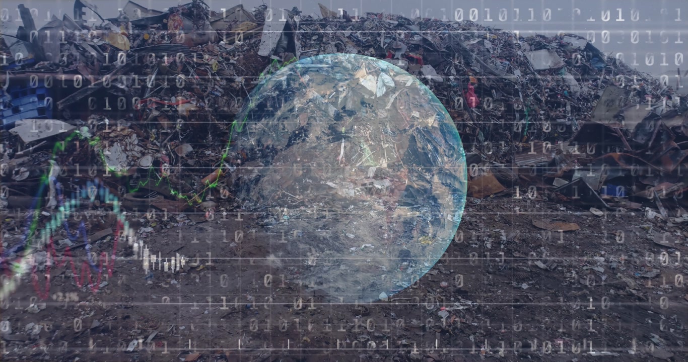 Animation of data processing and globe over rubbish dump