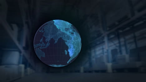 digital composition of globe spinning against warehouse in background