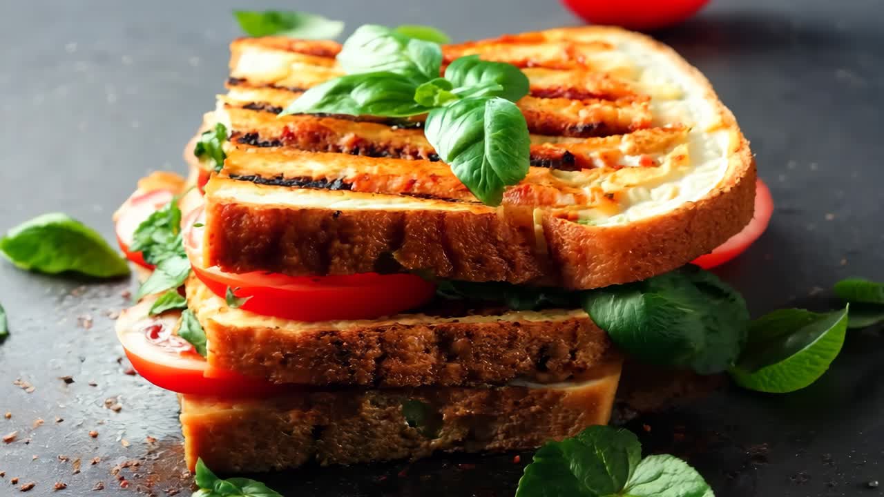 A grilled cheese sandwich with tomatoes and basil on a cutting board