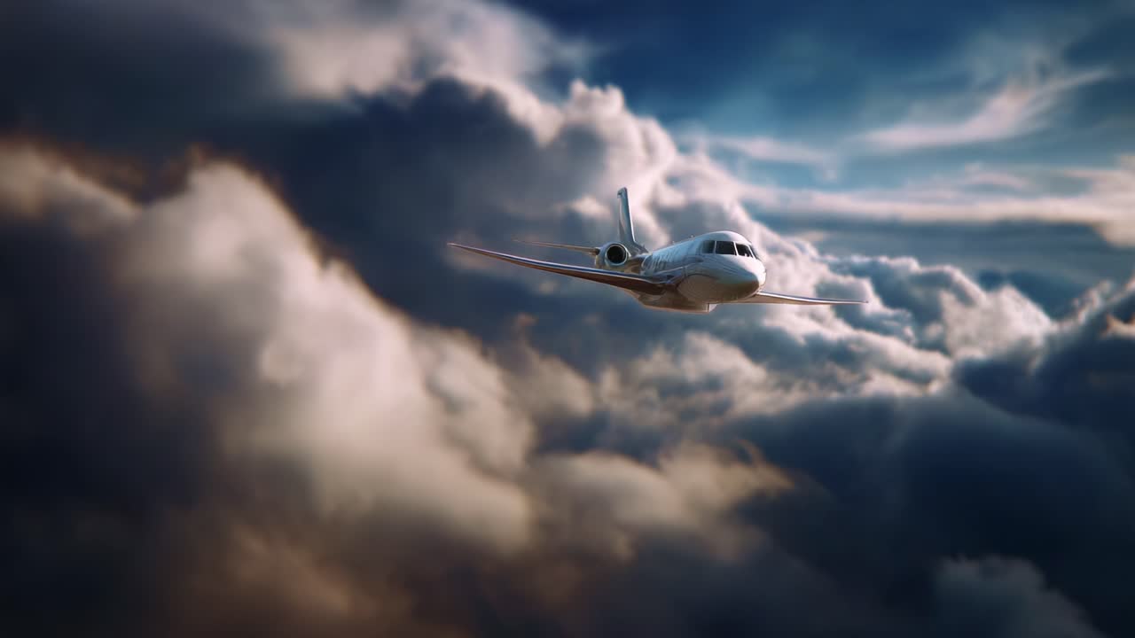 Ein Düsenflugzeug, das majestätisch durch beeindruckende Wolken fliegt und bemerkenswerte Ingenieurskunst und die Schönheit des Flugs vor einem dramatischen Himmelshintergrund zur Schau stellt