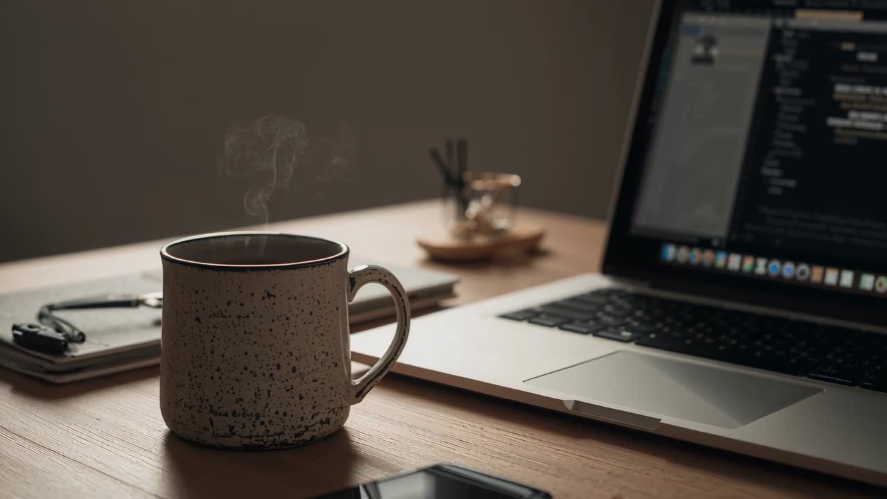 Releasing steam after recent pour, speckled ceramic mug sitting on wooden home desk, with laptop