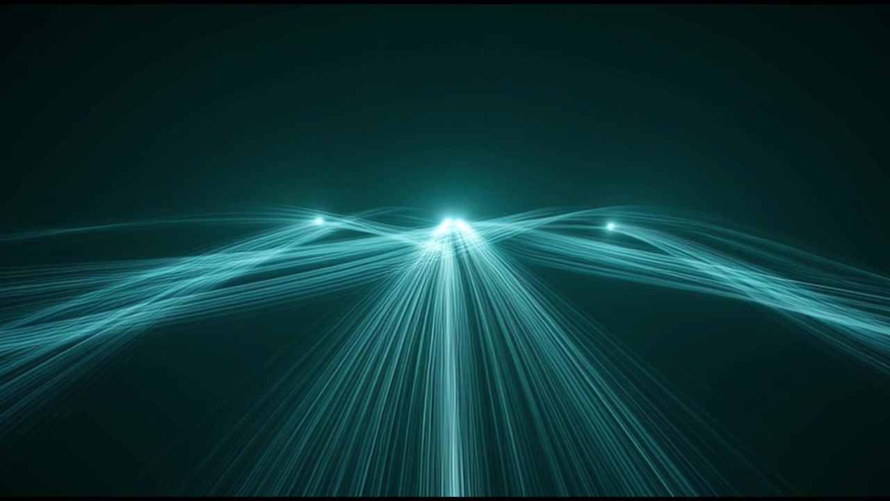 Abstract Motion Graphics of Glowing Teal Light Trails Converging