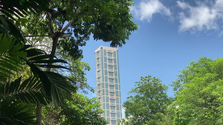 Vista de baixo ângulo do The 42, o edifício mais alto de Calcutá, visível através das árvores com céu azul ao fundo num dia ensolarado