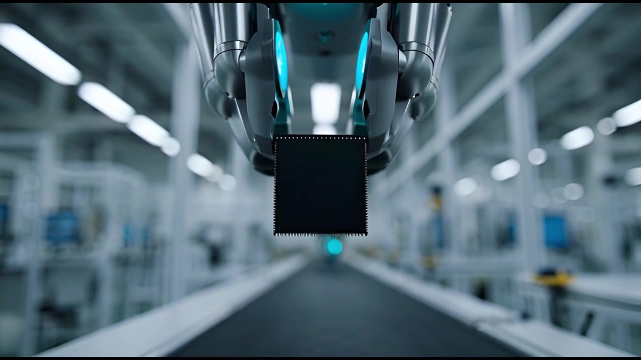 Robotic Arm Picking Up a Microchip from a Conveyor Belt in a Modern Factory