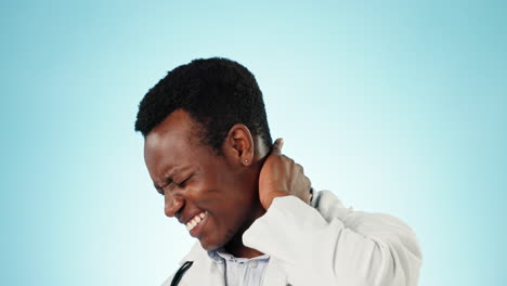 Black-man,-doctor-and-neck-pain-with-burnout