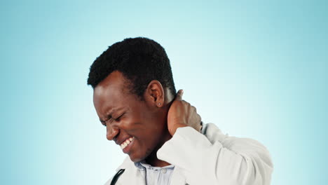 black man, doctor and neck pain with burnout