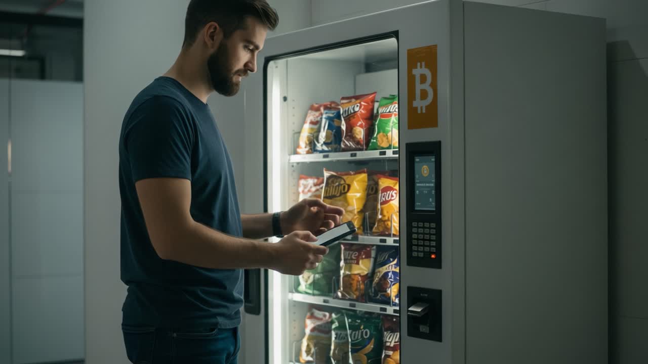 A Man Engaging with a Cryptocurrency Vending Machine While Selecting Snacks and Using a Smartphone in a Modern Setting