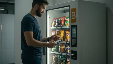 a man engaging with a cryptocurrency vending machine while selecting snacks and using a smartphone in a modern setting