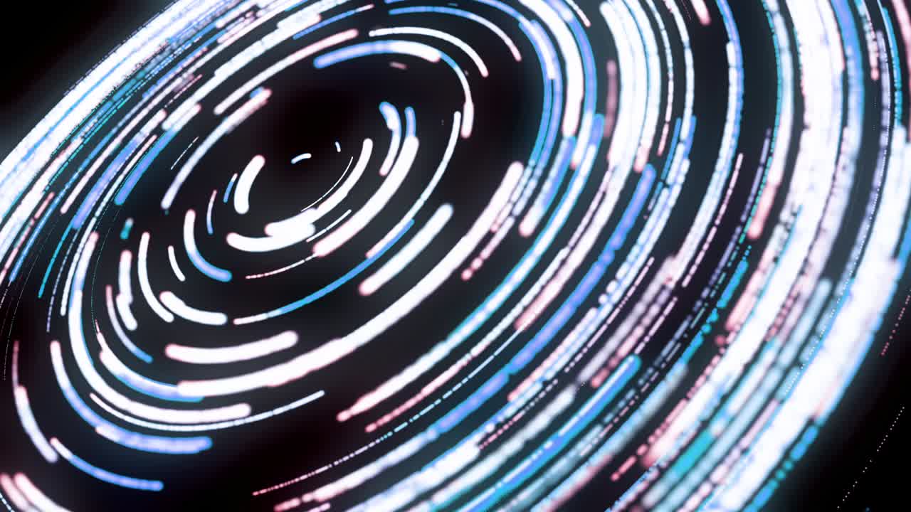 hermosa animación abstracta de espirales de neón multicolores que giran en círculo sobre el fondo negro. animación. brillante iluminación láser vibrante