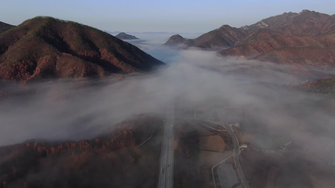 안개가 자욱한 가을 고속도로 장면