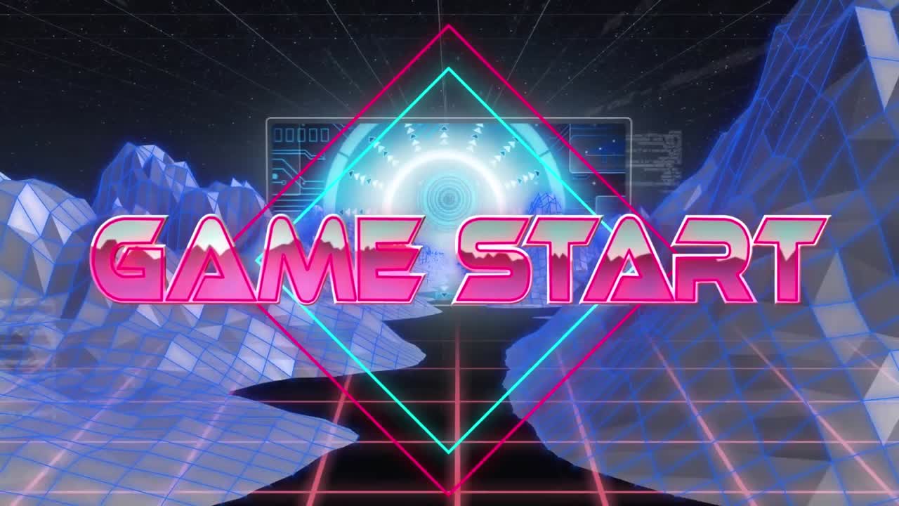 스크린과 함께 디지털 추상 공간에서 게임 시작의 애니메이션