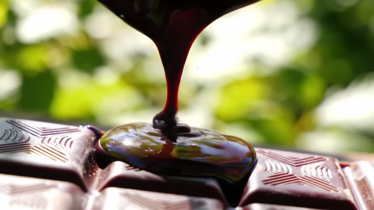 Thick, rich chocolate dripping onto a textured chocolate bar, showcasing an indulgent pour that captures the essence of luxurious desserts and confectionery delights