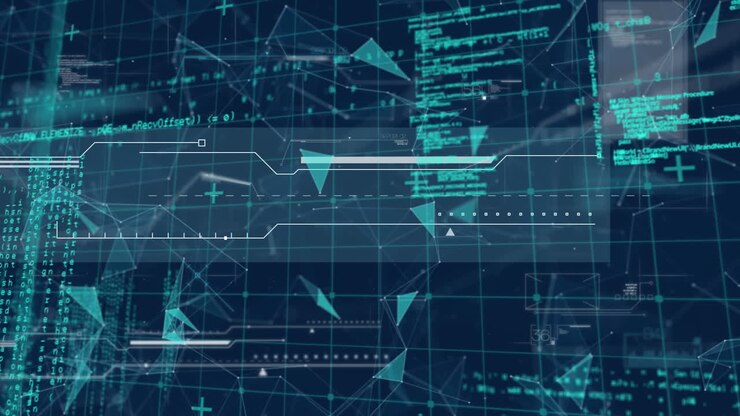 Animation of financial data processing on blue background