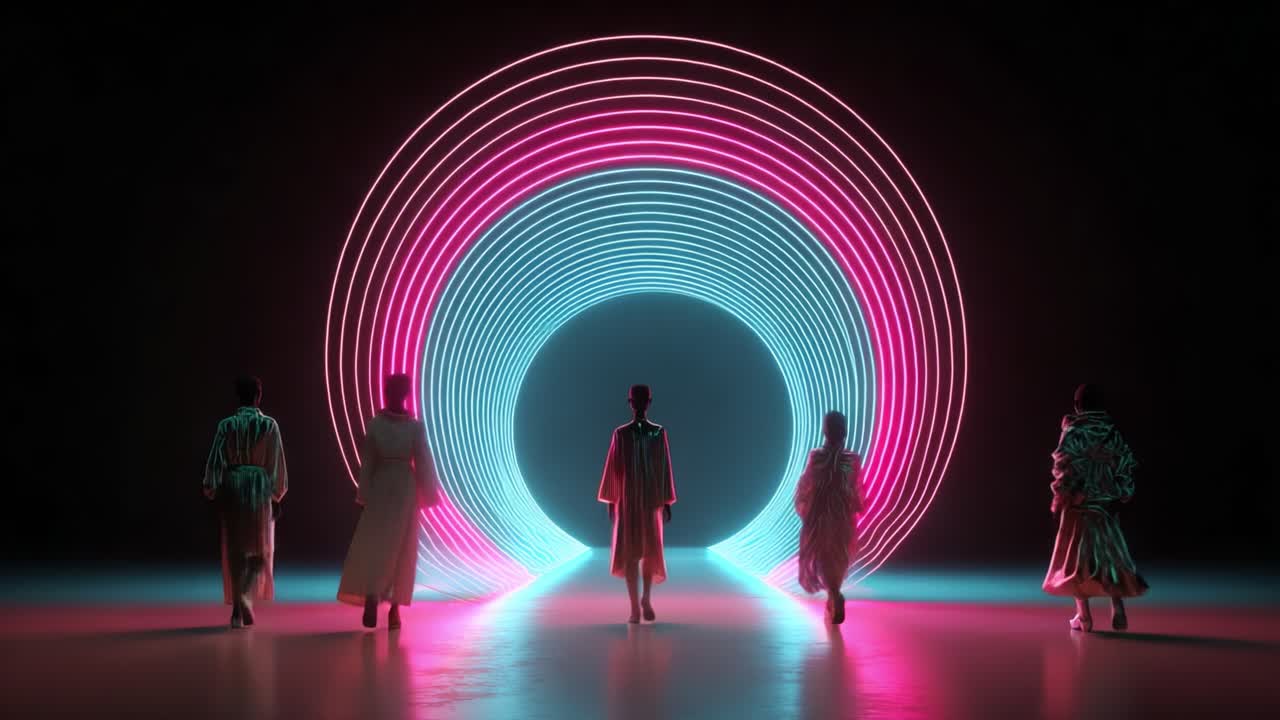 A group of five dressed figures gracefully walk towards a captivating neon-lit tunnel, surrounded by vibrant pink and blue concentric circles, embodying a scene of futuristic elegance and unity
