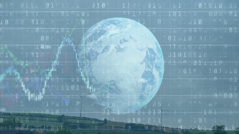 translucent earth globe floating over hill blending wind turbines with 3d binary chart overlays