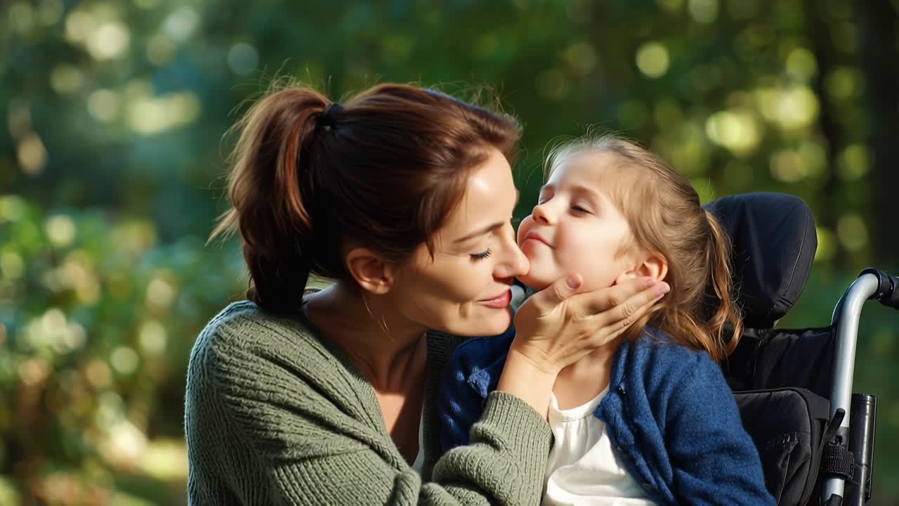 Mother kisses daughter's cheek warmly. Daughter smiles back, seated in a wheelchair. Sunlit green background softly blurs. Tender moment between parent and child. Ideal for family, health